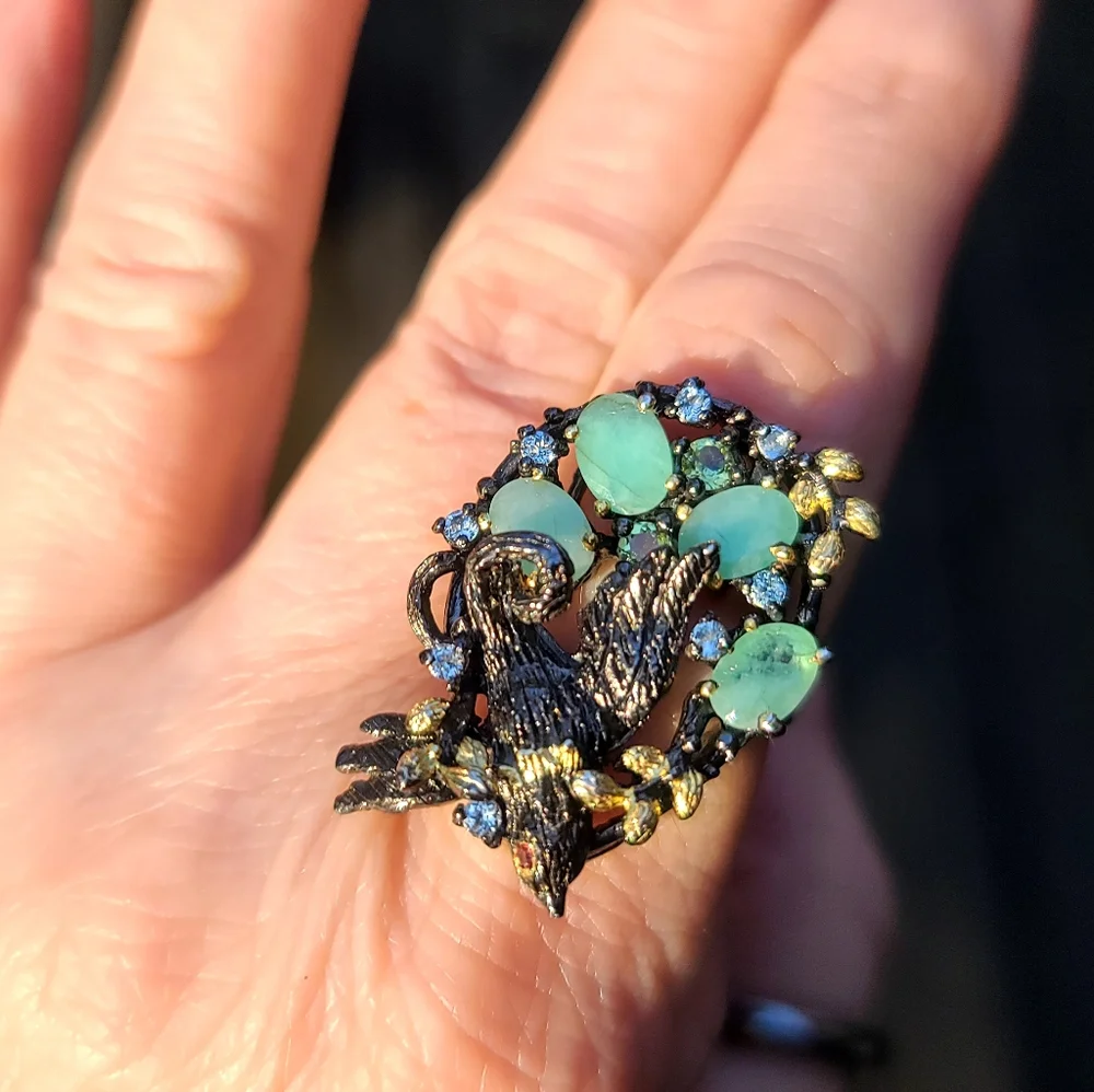 Gorgeous Sterling & Rhodium bird in a nest of Emeralds Peridot & Aquamarines - Picture 4 of 8